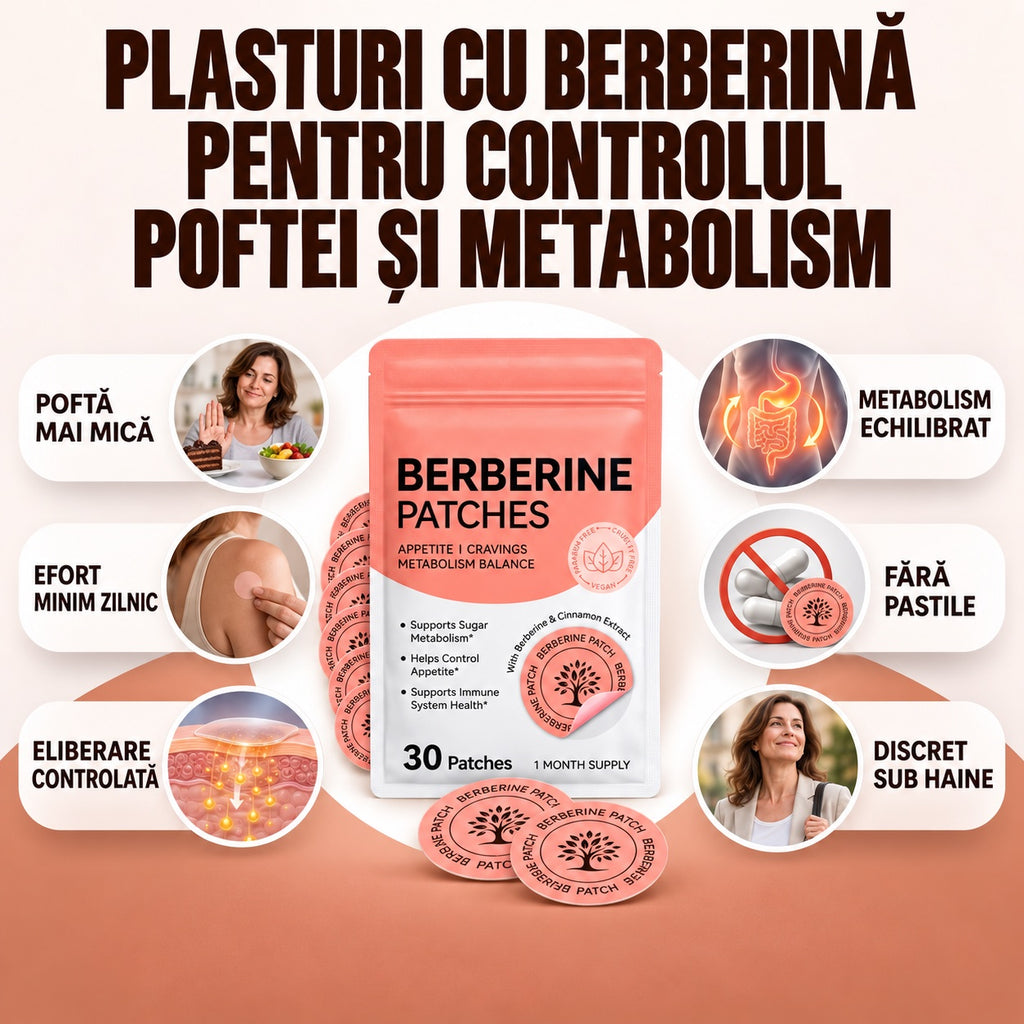 Plasturi cu Berberină PEDISANO, plic de 30 de plasturi, cu beneficiile principale: poftă mai mică, metabolism echilibrat, eliberare controlată, discret sub haine