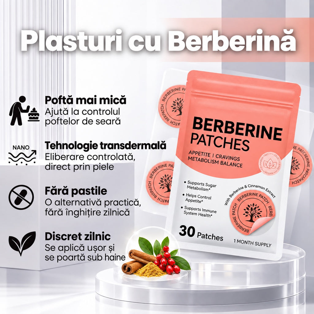 Plicul de Plasturi cu Berberină PEDISANO pe un piedestal, cu 4 beneficii: poftă mai mică, tehnologie transdermală, fără pastile, discret zilnic