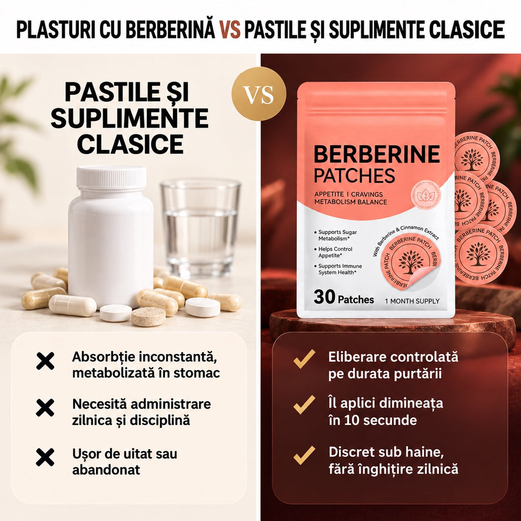 Comparație între pastile și suplimente clasice și Plasturii cu Berberină PEDISANO cu eliberare controlată pe durata purtării
