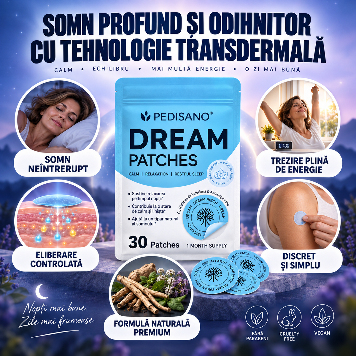 Plasturi de somn PEDISANO Dream, somn profund si odihnitor cu tehnologie transdermala, 30 plasturi