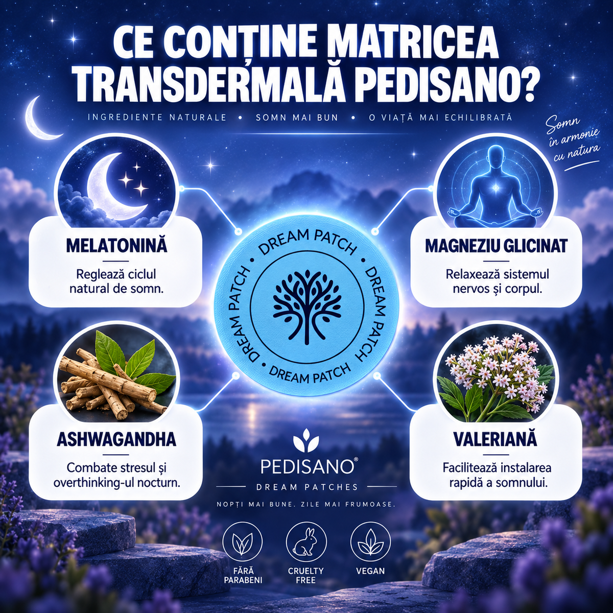 Ce contine matricea transdermala PEDISANO Dream: melatonina, magneziu glicinat, ashwagandha, valeriana