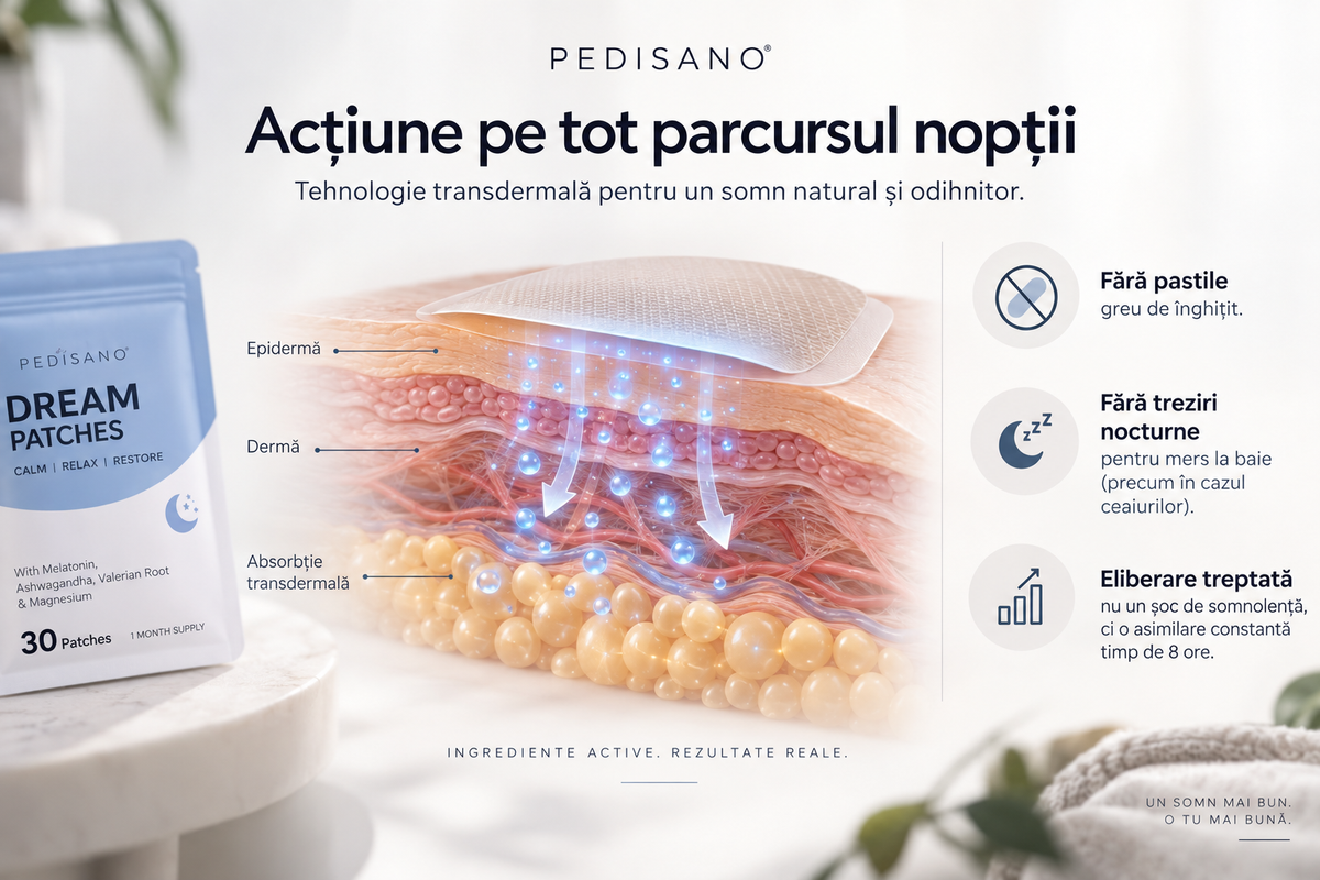 Absorbție transdermală a plasturelui de somn PEDISANO Dream: eliberare treptată pe tot parcursul nopții, fără pastile